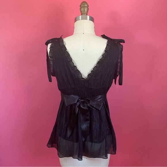 Vintage 90s/Y2K Vampire Coquette Ruffled Empire Waist Shimmery Tie Back Tank ~M - Picture 9 of 13